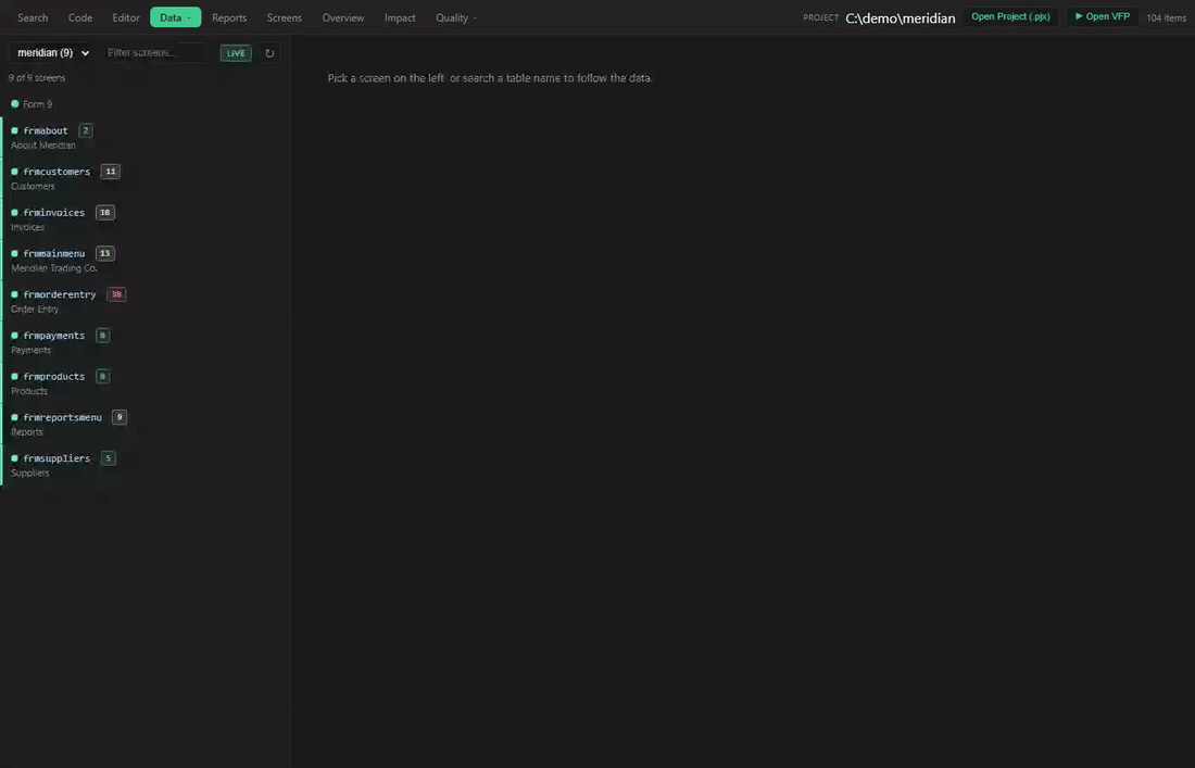 Animated: frmOrderEntry data-flow diagram to its six tables