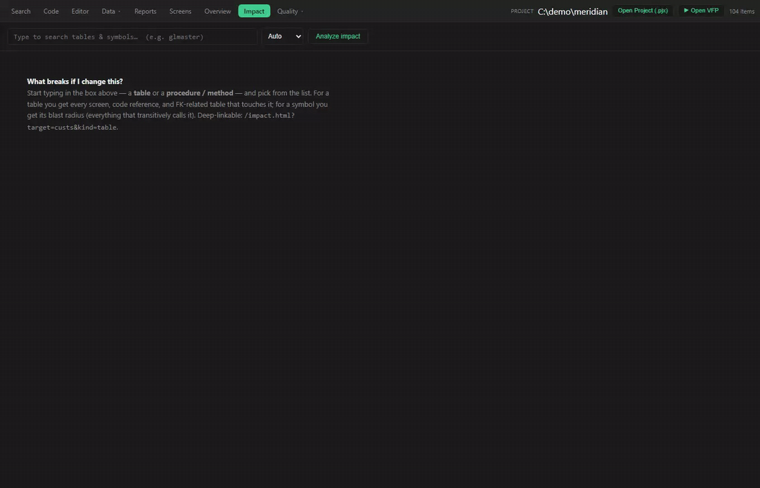 Animated: impact analysis of the orders table showing screens, references, and FK tables