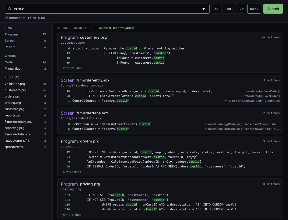 Project-wide search for custid: 86 matches in 11 files, filtered by kind (Program, Screen, Report), with matches highlighted inside the binary frmorderentry.scx — a method body and a control's ControlSource