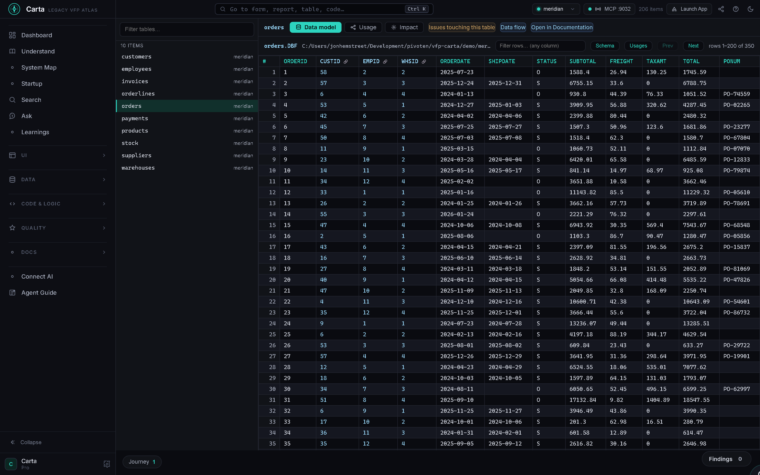 Data browser showing live orders.DBF rows with FK-linked key columns