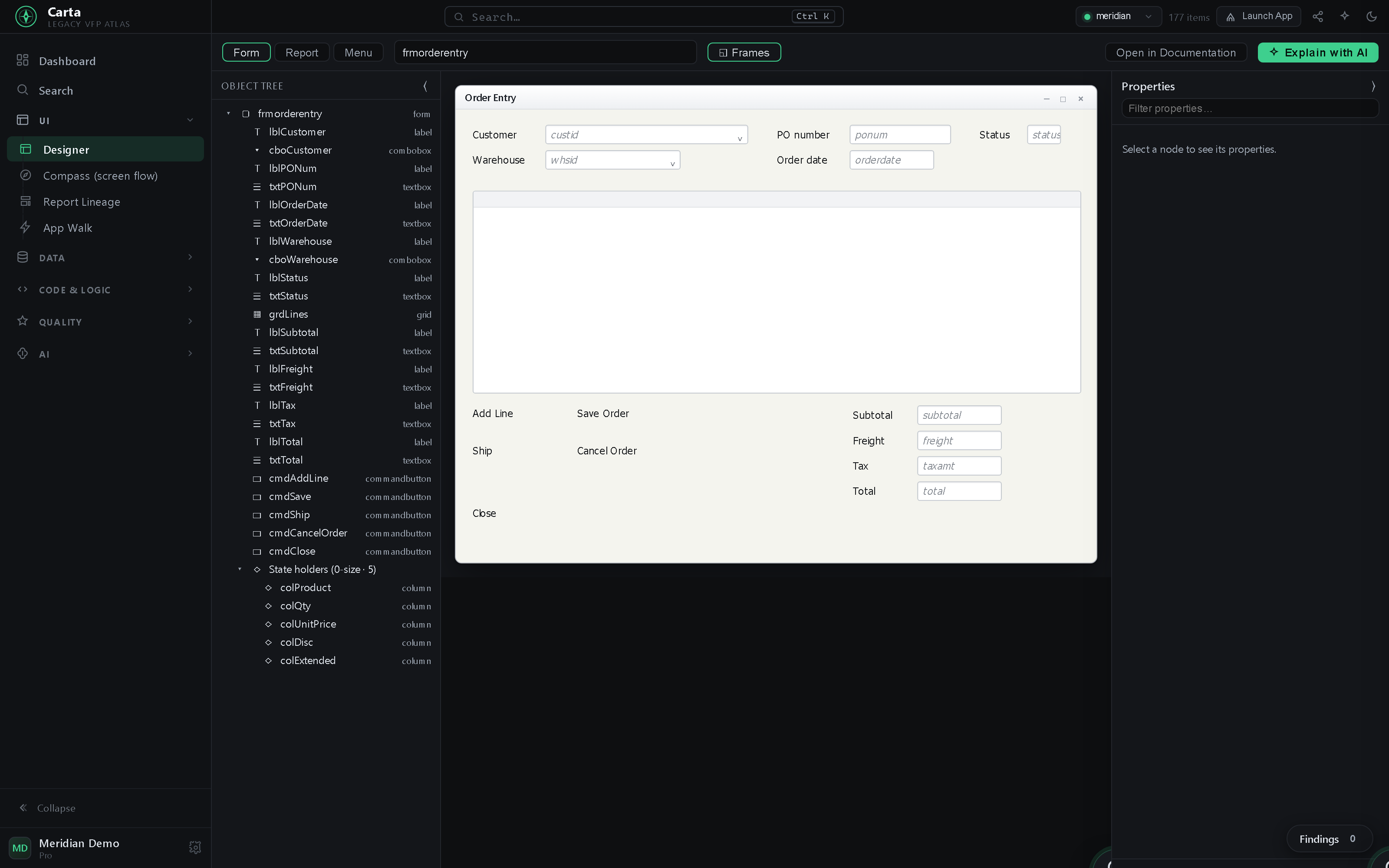 The Designer: a three-pane view of the Order Entry form — an object tree of every control on the left, the form rendered faithfully from the .scx binary in the center, and a full property sheet on the right showing the selected combobox's real ControlSource, RowSource, geometry, and font. Run and Open-in-VFP sit in the toolbar.