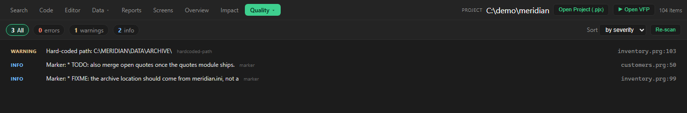 Lint view showing a hard-coded path warning and leftover TODO and FIXME markers
