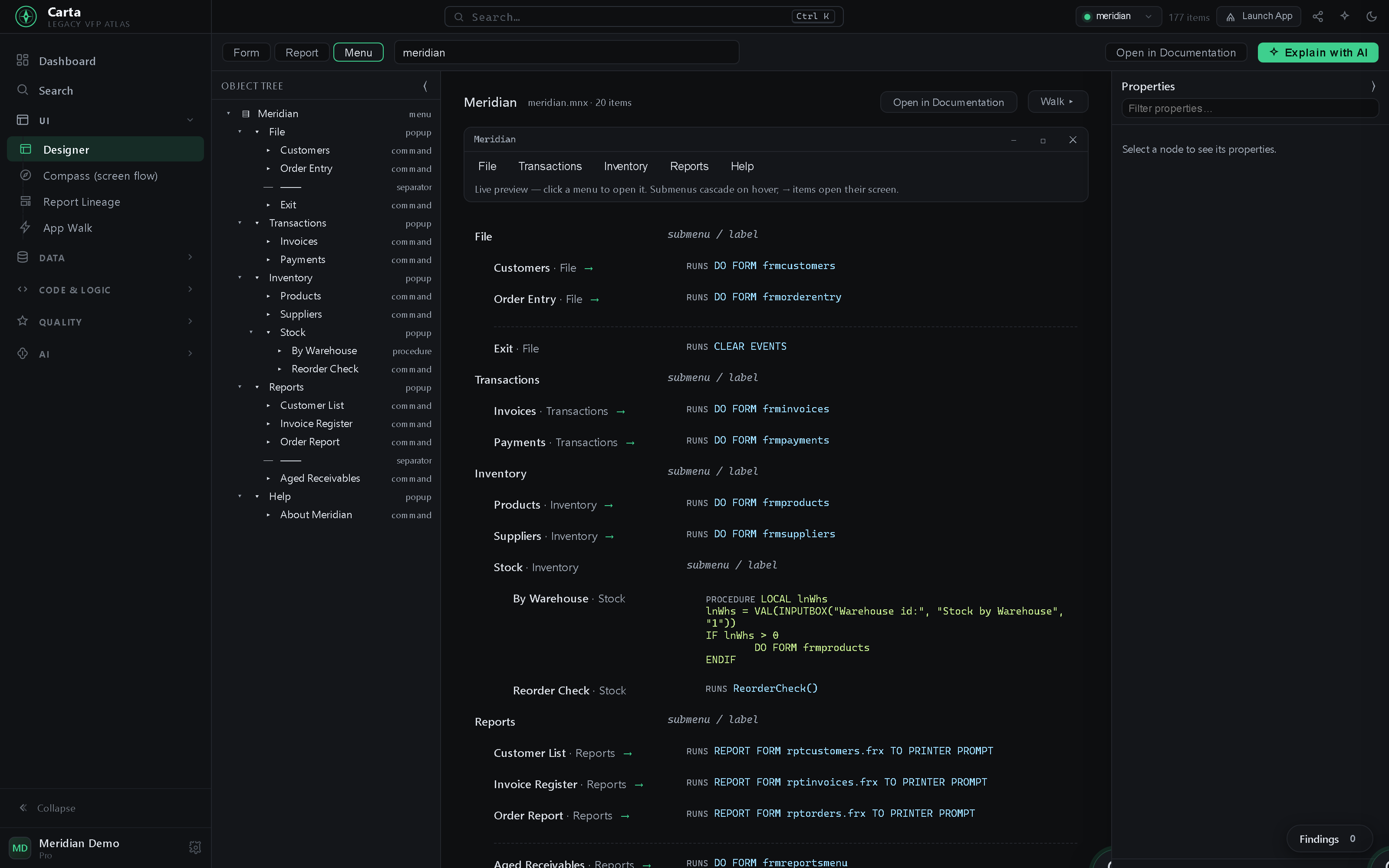 Menu view read from the .mnx: an interactive VFP-style menu bar with a drop-down and a Stock cascade, above an item-by-item tree showing what every choice runs — DO FORM launches, REPORT FORM reports, an inline procedure, and a SKIP FOR guard