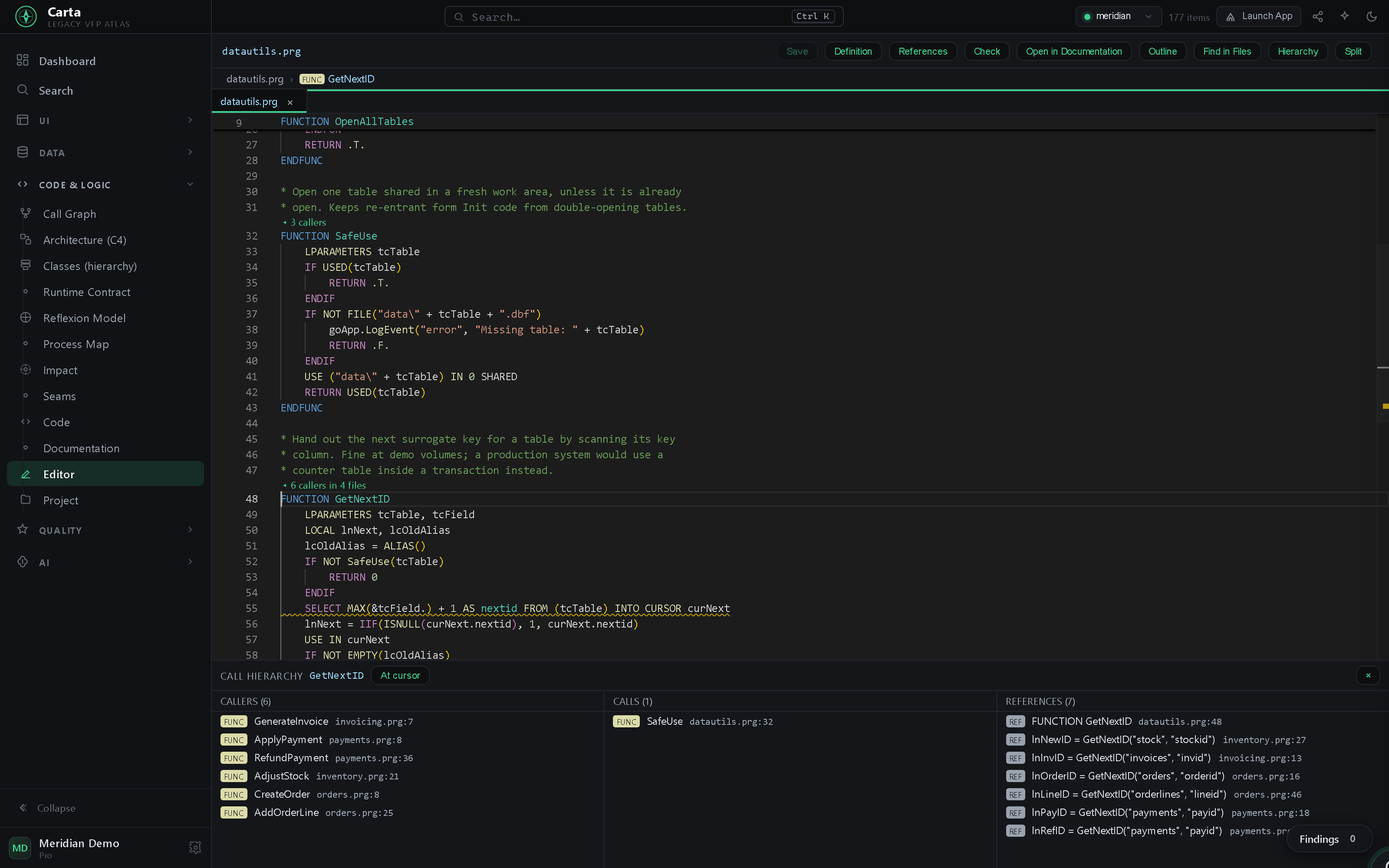 Editor at GetNextID with a 6 callers CodeLens above the function and a Call Hierarchy panel listing all six callers across four files, plus its one call and seven references