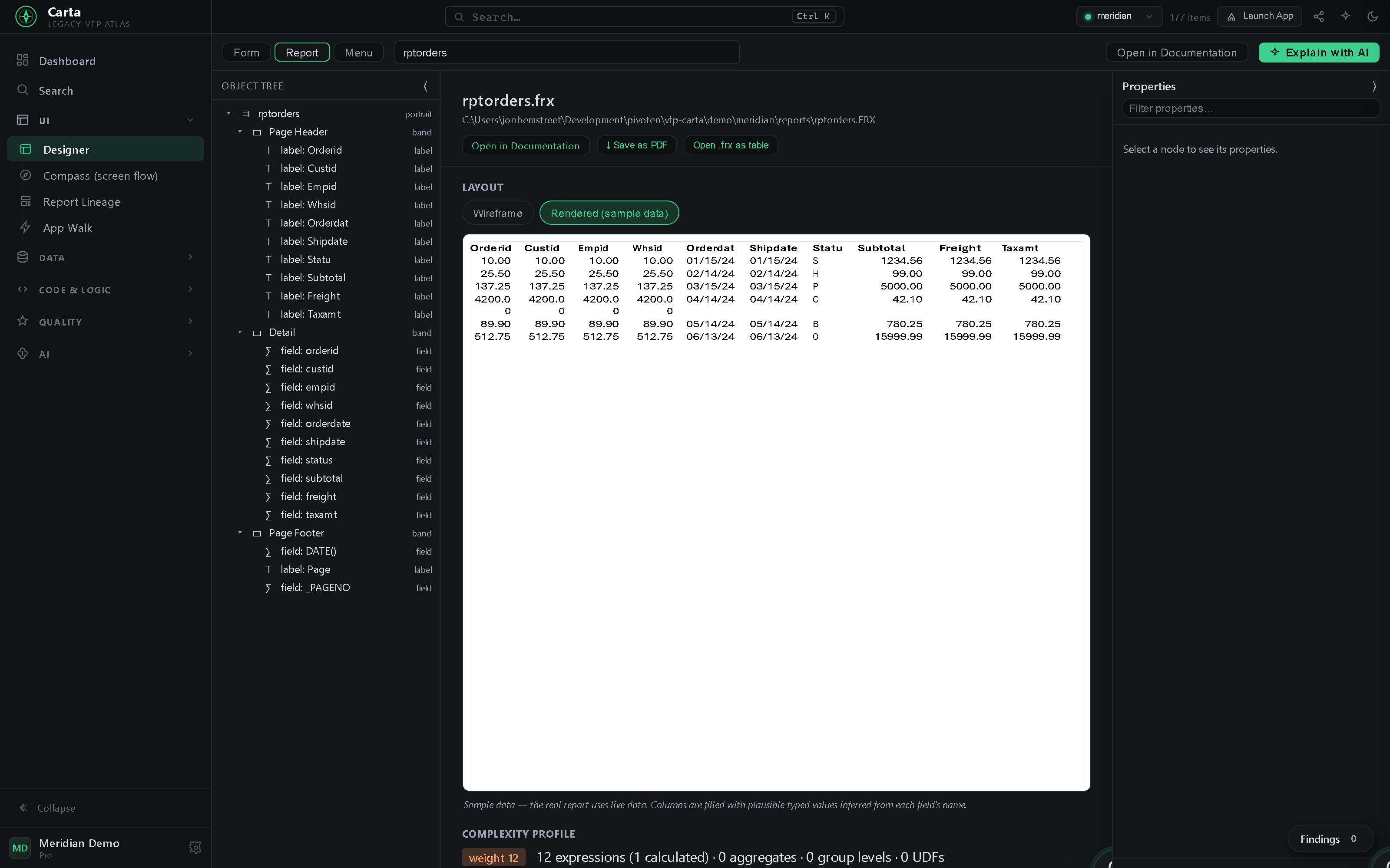 The Designer with a report open: an object tree of the report bands and fields on the left, a pixel-exact wireframe of the .frx in the center with its complexity profile, callers, cursor fields and data environment, and Open-in-VFP in the toolbar