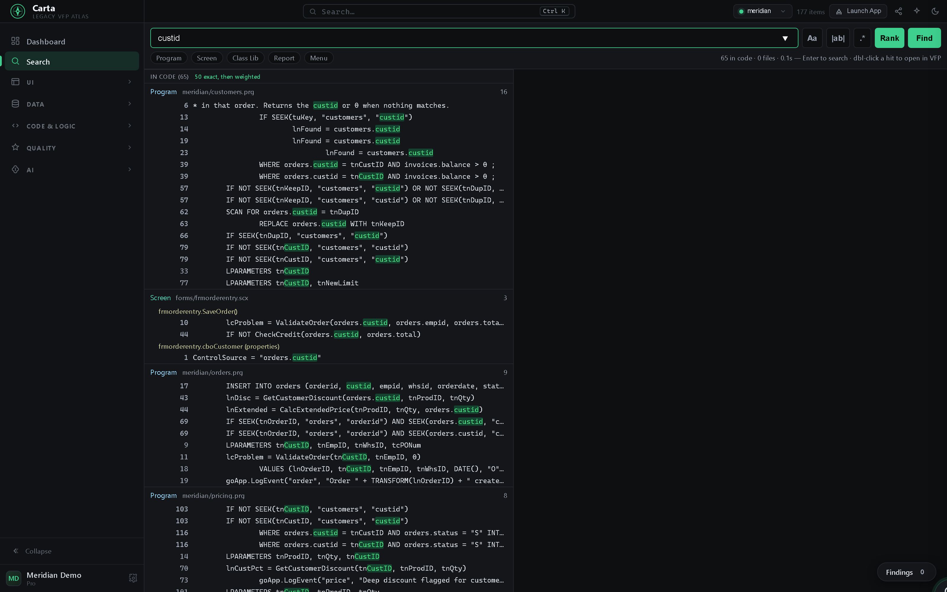 Project-wide search for 'custid' returning 65 hits in code, grouped by Program / Screen / Class Lib / Report / Menu, with matches highlighted — including inside the binary frmorderentry.scx (a method body and a control's ControlSource)